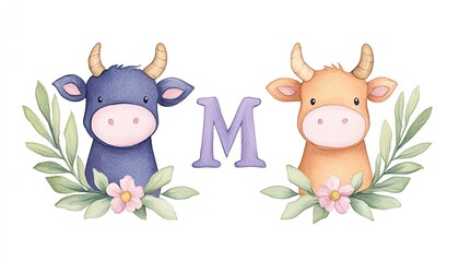 Two cartoon cows with floral accents and a purple letter 'M' in a whimsical design for children's decor