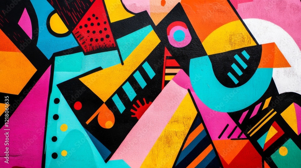 Poster close-up of an abstract background with a burst of bright, neon colors and geometric patterns, creat