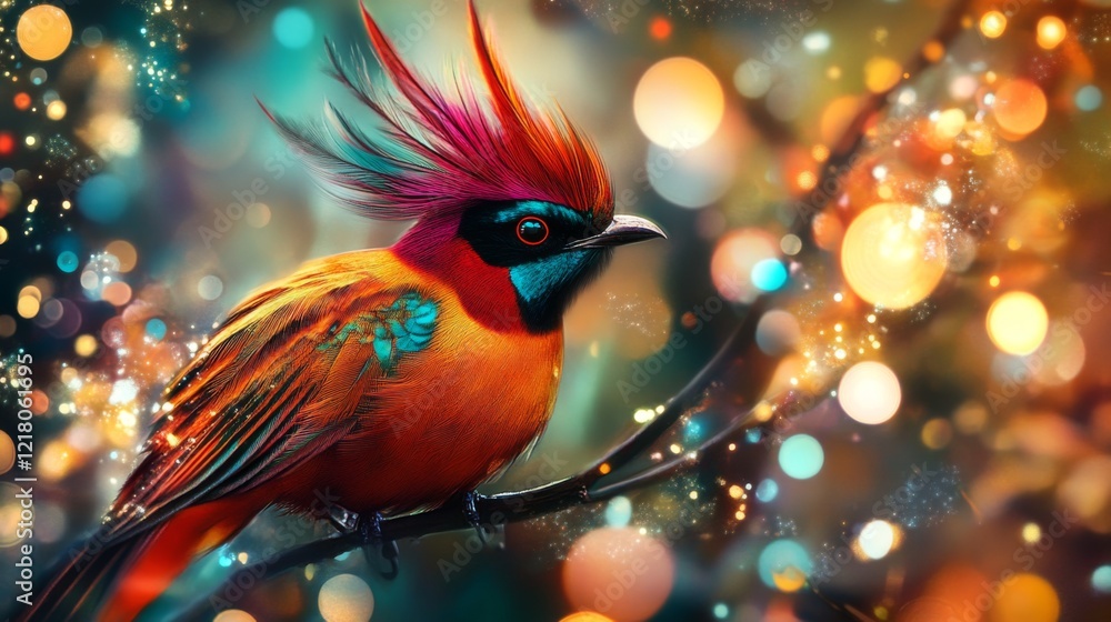 Poster Close-up of an elegant bird with striking feathers, perched on a branch, with a dazzling background of abstract lights creating a vibrant and artistic effect.