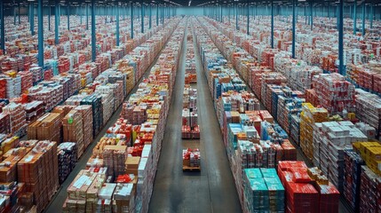 Vast warehouse interior with automated guided vehicle transporting goods.