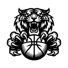 Fototapeta premium A roaring tiger with claw marks slashing through a basketball, emphasizing intensity and power