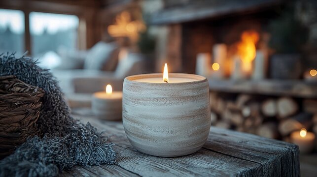 Cozy candlelit cabin scene, fireplace background, winter relaxation - Powered by Adobe