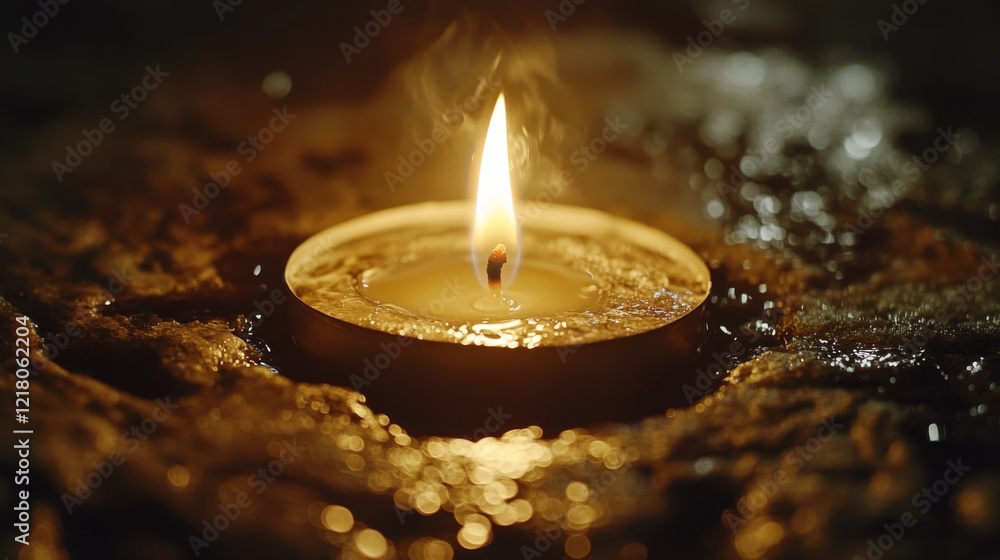 Poster close-up of a candle flame flickering softly in the dark, casting a warm, golden glow and creating a