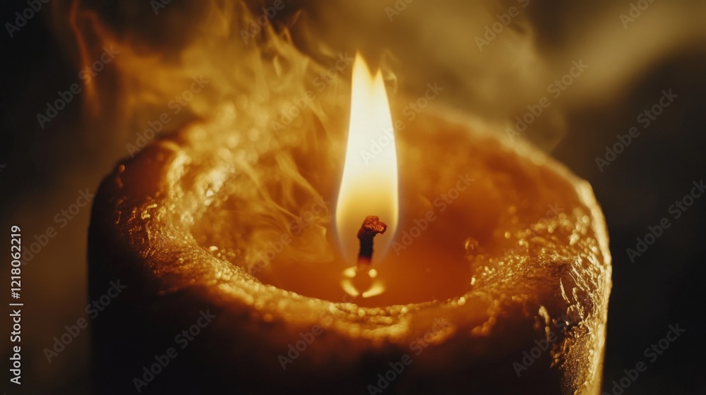 Poster close-up of a candle flame flickering softly in the dark, casting a warm, golden glow and creating a