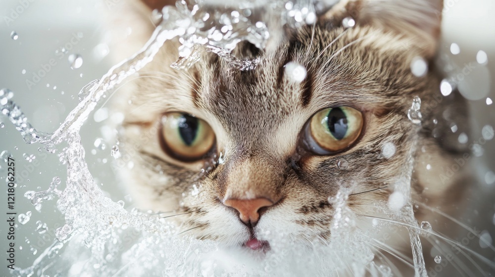 Poster close-up of a cat enjoying a bath, with water droplets on its fur and a content expression, showing 