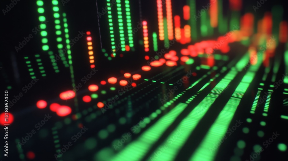 Poster close-up of a computer screen showing a dynamic financial graph with green and red candlesticks, sym