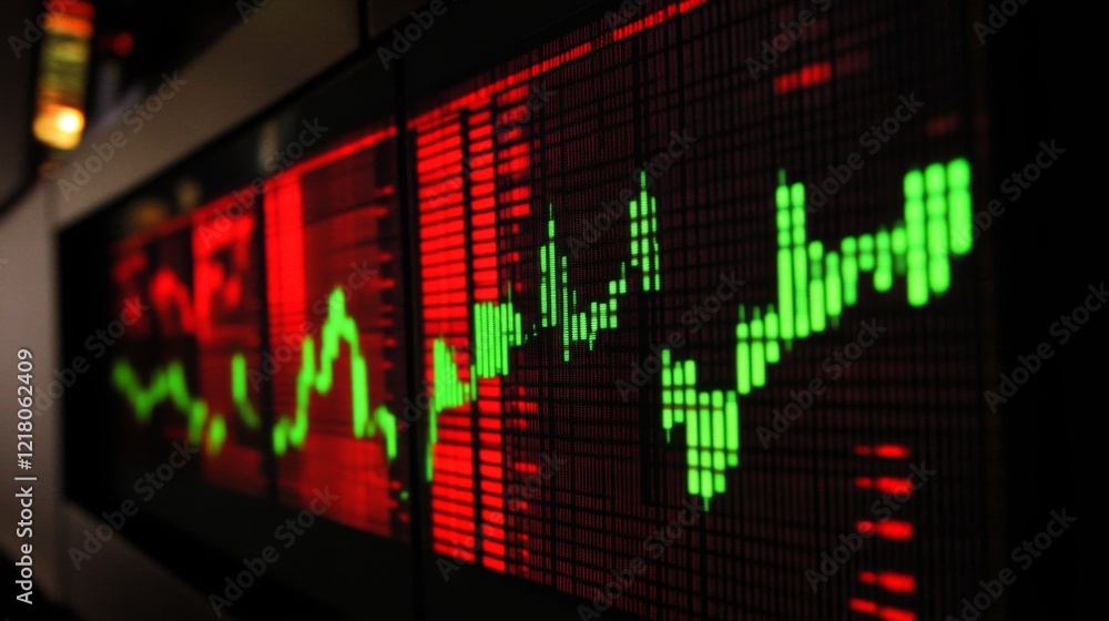 Poster close-up of a computer screen showing a dynamic financial graph with green and red candlesticks, sym