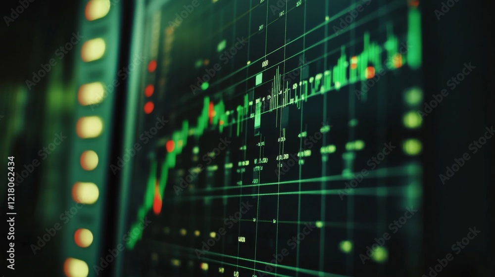 Poster Close-up of a computer screen showing a dynamic financial graph with green and red candlesticks, symbolizing fluctuating market conditions.