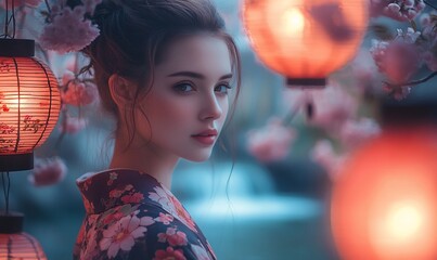 Naklejka premium Woman in traditional Japanese kimono, surrounded by cherry blossoms and lanterns, evening scene.