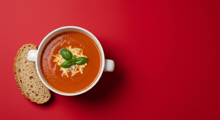 A bowl of tomato soup with a side of whole grain bread on a tomato red background with negative space for text or graphics, ideal for minimalistic and visually appealing designs