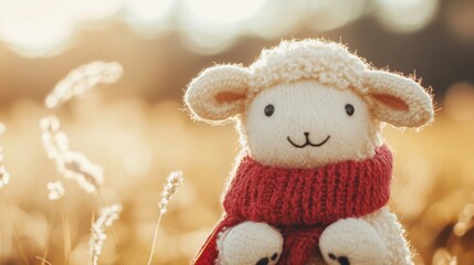 Fototapeta premium Soft toy sheep with a cheerful smile stands in a sunny meadow, its red scarf contrasting with the golden grass around it