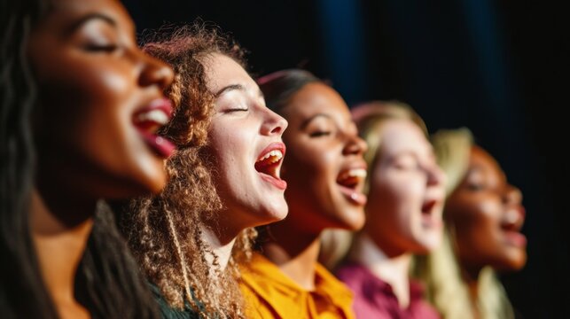 Close-up of a diverse group of singers harmonizing together on stage, with expressions of concentration and joy, highlighting the unity in their performance.