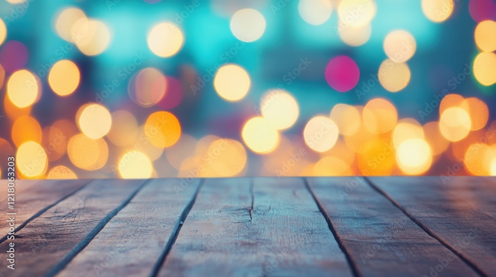 Poster a rustic wooden table is featured in front of vibrant bokeh lights, creating a warm backdrop ideal f