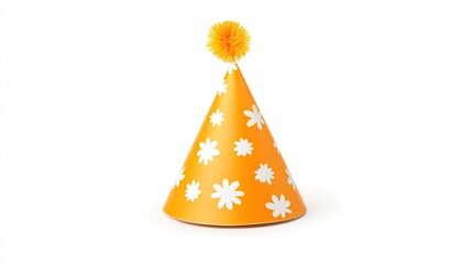 Bright orange party hat adorned with white daisies, isolated on a clean white background, ideal for celebrations