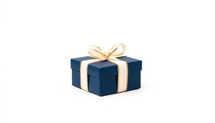 Obraz premium A beautifully wrapped blue gift box with a golden ribbon, set against a white background, ideal for celebrations