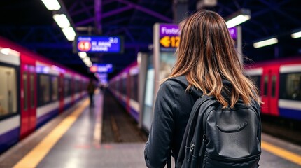 Fototapeta premium a young woman with a backpack, viewed from behind, waiting at a train station. Deep ultraviolet hues, vivid purples, and high contrast are emphasized, suitable for commercial use.