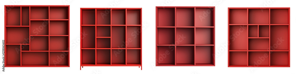 Poster minimalist red wooden shelving unit with empty cubes and boxes in a geometric arrangement clean mode