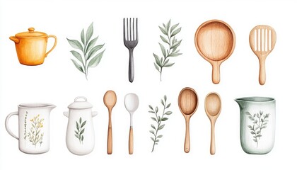 Illustrative collection of kitchen utensils and plants, showcasing a cozy culinary theme