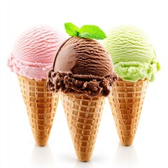 Three ice cream scoops in cones; strawberry, chocolate, and pistachio; white background; dessert menu