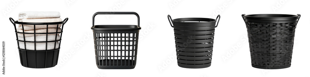 Poster assortment of handwoven wicker baskets and containers in various sizes and shapes for home storage o