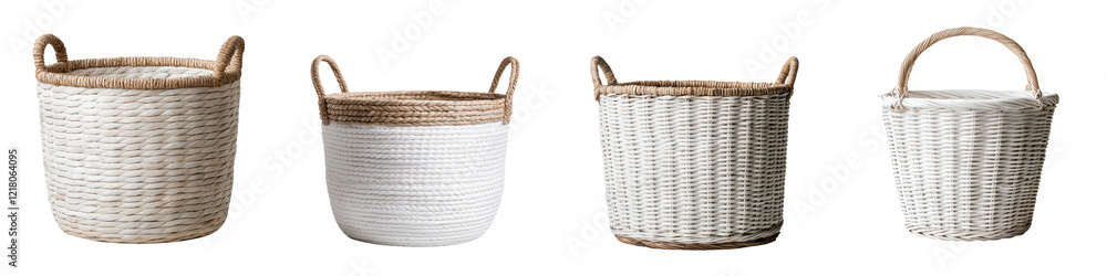 Poster assortment of handcrafted wicker baskets in various shapes sizes and textures for home organization 