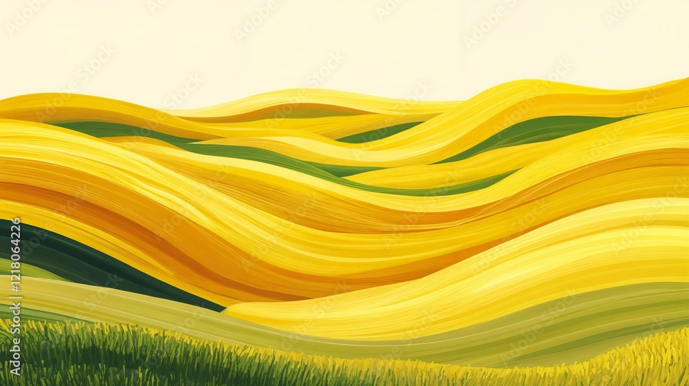 Poster abstract painting of yellow and green wavy fields transitioning seamlessly with brushstroke textures