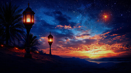 Fototapeta premium Desert Night: Magical Sunset and Starry Sky Landscape