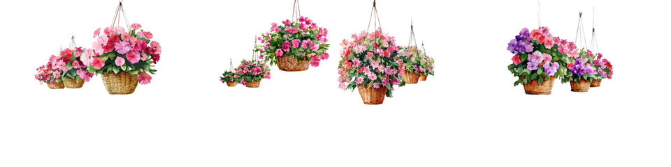 Fototapeta premium Beautiful and Colorful Hanging Flower Baskets Arrangements with Pink and Purple Blooming Floral Bouquets Decorating Tropical Home Interior and Outdoor Garden Environment