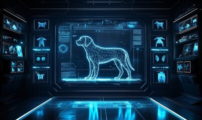Futuristic veterinary diagnostic room with holographic dog image overlay.