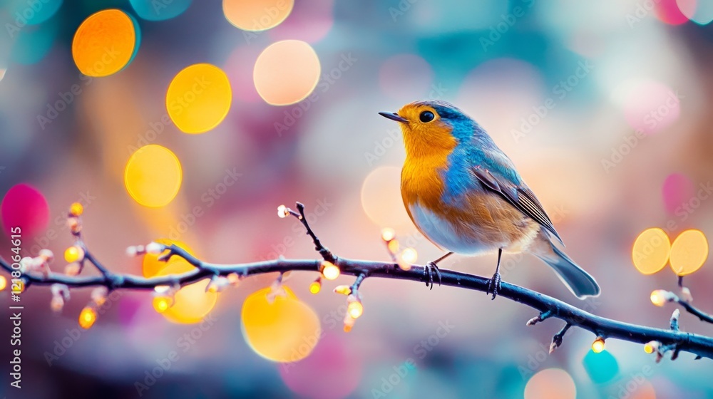 Poster Close-up of a vibrant bird perched on a branch, with a stunning, blurred background of colorful lights and bokeh effects creating a magical atmosphere.