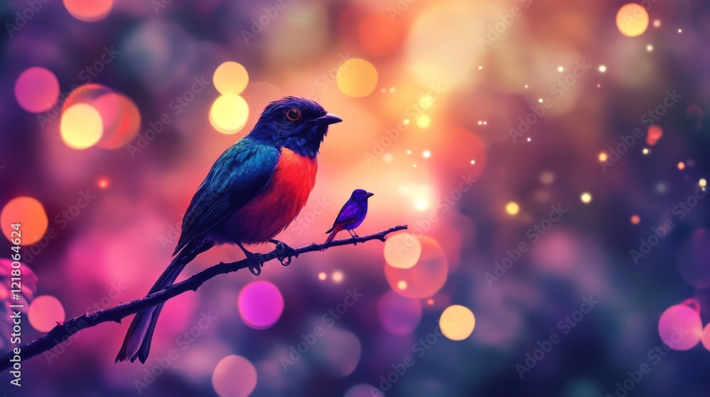 Poster Close-up of a vibrant bird perched on a branch, with a stunning, blurred background of colorful lights and bokeh effects creating a magical atmosphere.