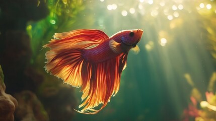 Close-up of a vibrant Betta fish with flowing fins and bright colors, swimming gracefully in a clear, well-lit aquarium with a natural background.