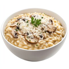 A bowl of creamy mushroom risotto garnished with parmesan cheese, isolated white background, realism art style