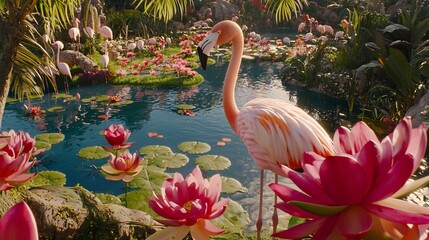 A serene pond scene with many flamingos and vibrant pink water lilies in a tropical habitat