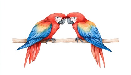 Obraz premium Two vibrant macaws perched closely on a branch, showcasing their colorful feathers against a white background