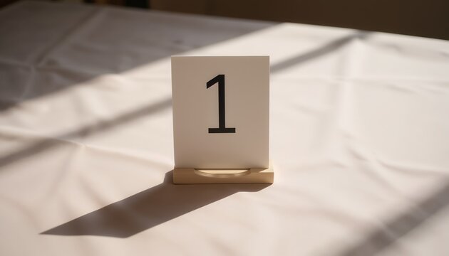 Winner’s number '1' card on wooden stand with sunlight casting shadow. Victory. Achievement. Success. Award presentation image for competition promotions or success-themed campaigns.