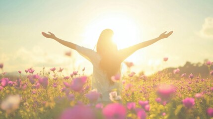 A woman enjoys the radiance of sunlight as she stands with outstretched arms in a vibrant field of blooming flowers at sunset
