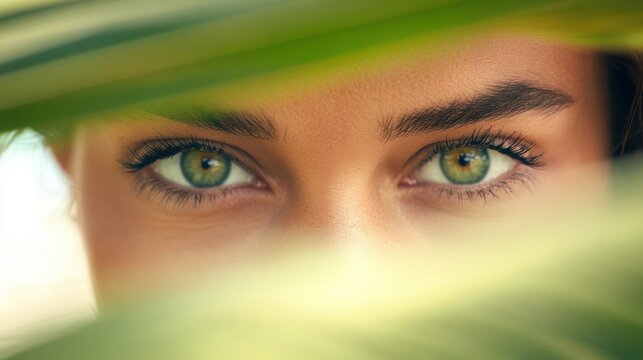 A young woman gazes through vibrant tropical leaves, her captivating green eyes reflecting curiosity and connection to nature - Powered by Adobe