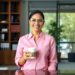 Una ejecutiva hispana con gafas plateadas y una camisa rosa está parada sonriendo mientras sostiene una taza de café detrás de un escritorio en una oficina ejecutiva con interior de estantería y árbol