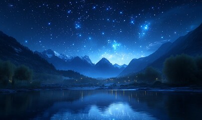 Majestic starry night over a tranquil mountain lake, with snow-capped peaks reflected in the calm water.