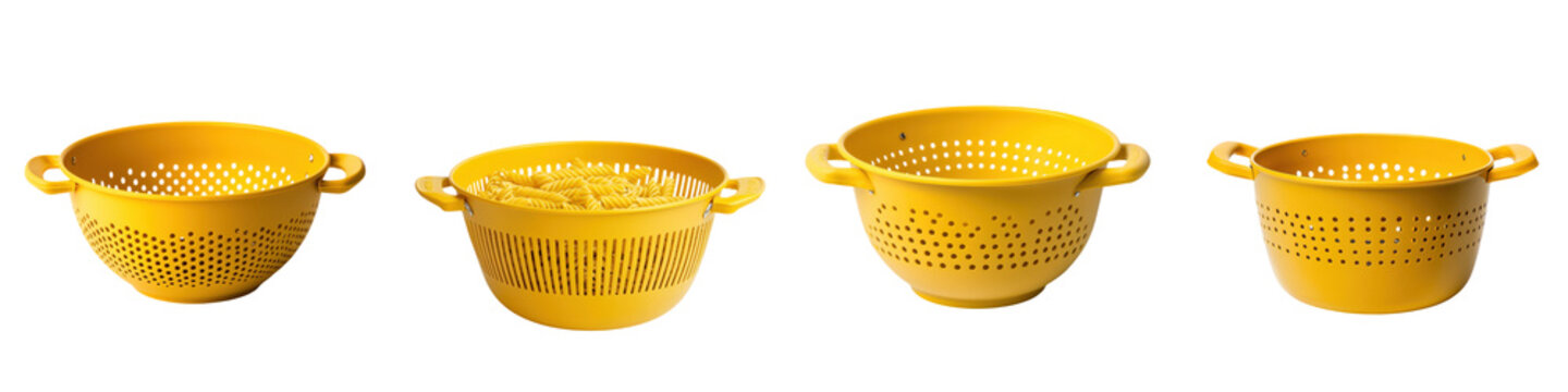 Multiple yellow plastic colander or strainer baskets arranged in a studio setting with a plain white background  The kitchen utensils have a perforated mesh design for draining and filtering food