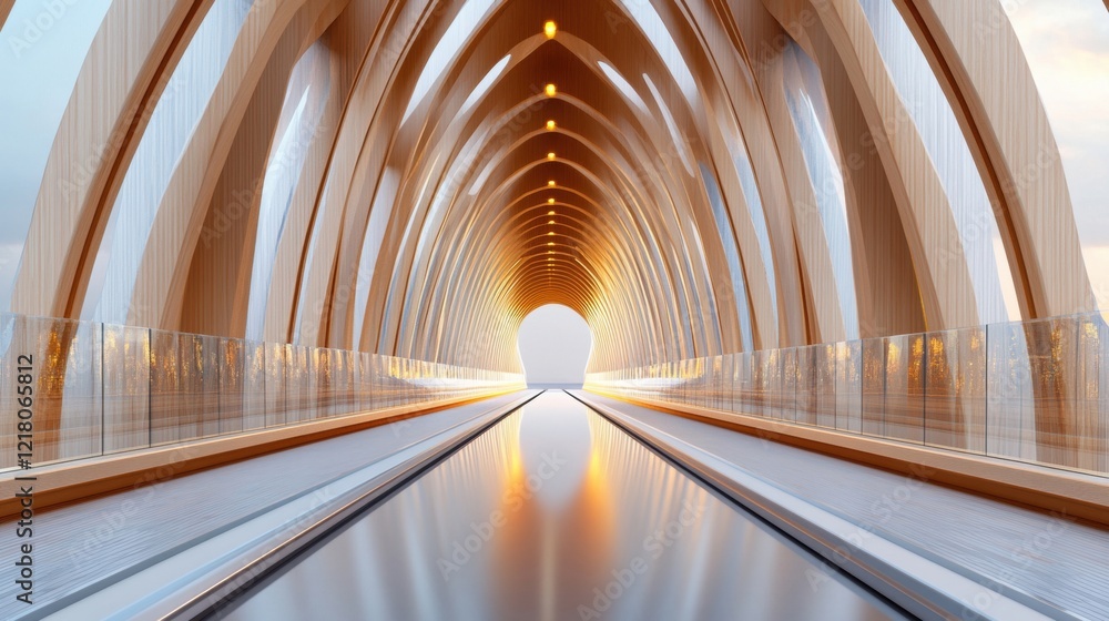 Poster wooden tunnel design showcases modern architecture emphasized by ample natural light streaming in fr