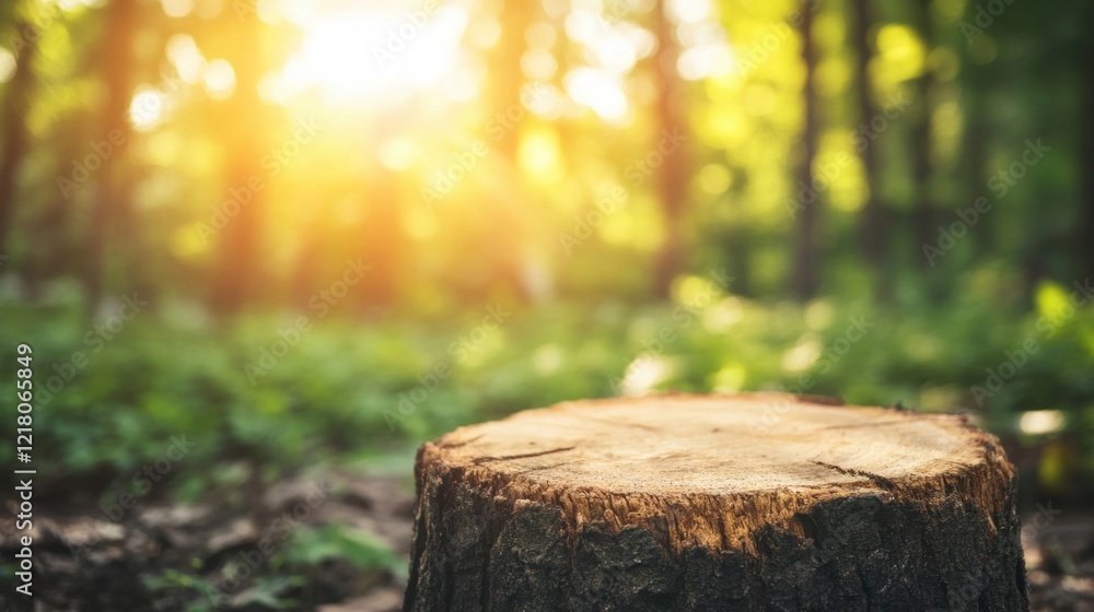 Poster sunlight filters through trees, illuminating a rustic stump in a serene forest clearing filled with 