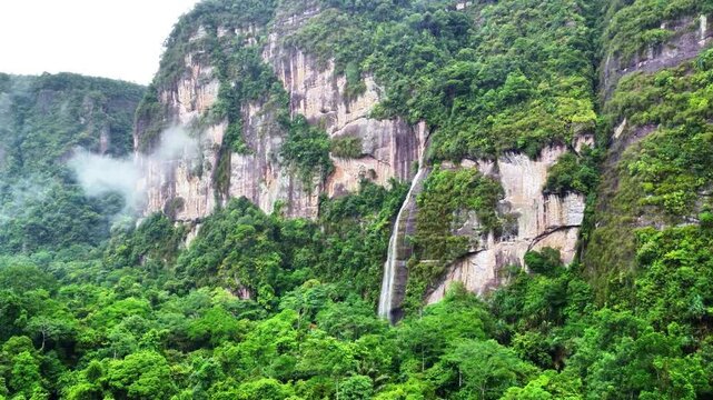 Drone View of a Beautiful Waterfall in Harau Valley, Indonesia