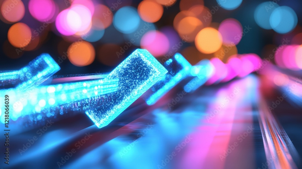 Poster bright blue arrows ascend against a dazzling bokeh backdrop, creating a mesmerizing visual experienc