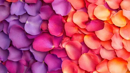 Fototapeta premium Vivid red and purple rose petals lay together, forming a colorful and textured backdrop ideal for events or home decor arrangements
