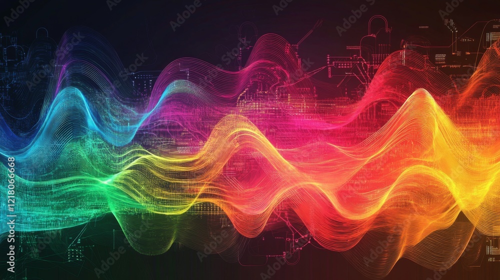 Poster colorful electric waves spreading across a circuit board, illustrating the power and complexity of e