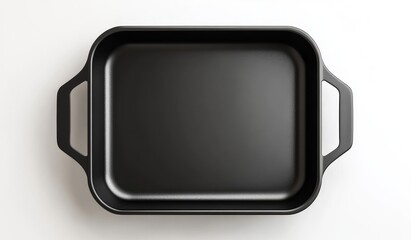 Empty black square baking pan with handles.