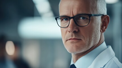 Serious mature doctor wearing glasses in lab coat