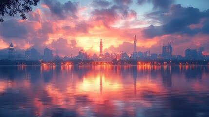 Fototapeta premium Serene Cityscape at Sunset: A Breathtaking Reflection
